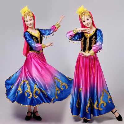 Chinese folk dance costumes for women orange blue pink xinjiang minority stage performance photos cosplay dance dress