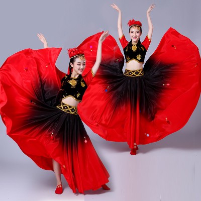 Chinese folk dance costumes for women xinjiang minority ethnic black and red gradient swing dress 