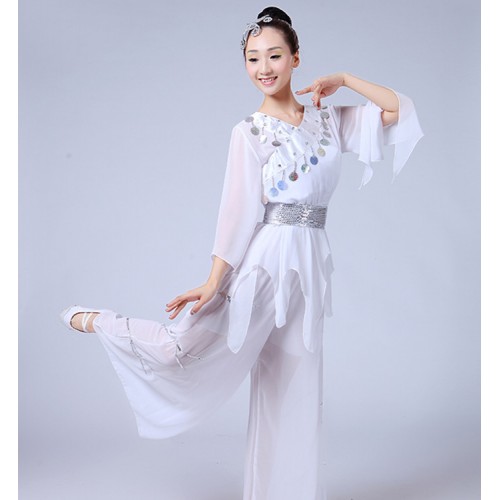 Chinese Folk dance costumes for women's female competition white stage performance china ancient traditional yangko fan dance dresses