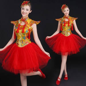 Chinese perform drum Costumes gold red Color Children Fan Yangko Classical Dance costumes Stage