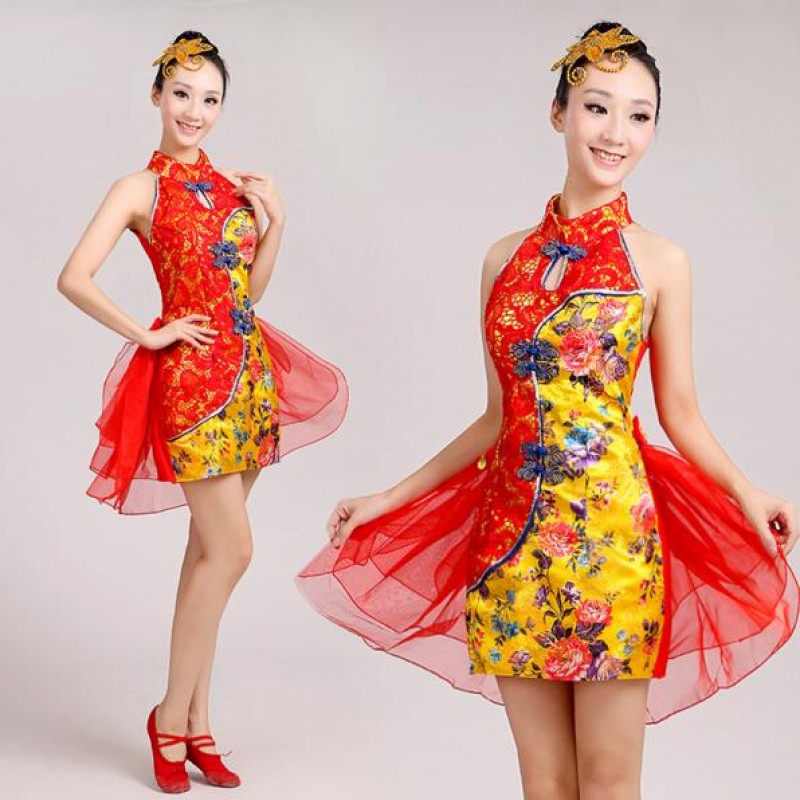 Chinese Traditional Women chinese folk dance Chinese Fairy Dress Red yellow royal blue Clothing Ancient Costume dresses