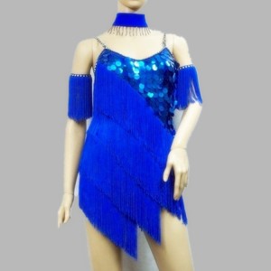 Custom Size Women's competition fringes latin dresses royal blue sequin stage performance rumba salsa chacha dancing dresses