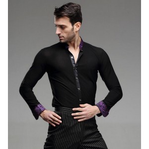 Fashion Mens Latin Dance Shirt Black With purple printed collar Men's Ballroom Shirts Cha Cha Samba Modern Rumba Tango Salsa Dance Shirt