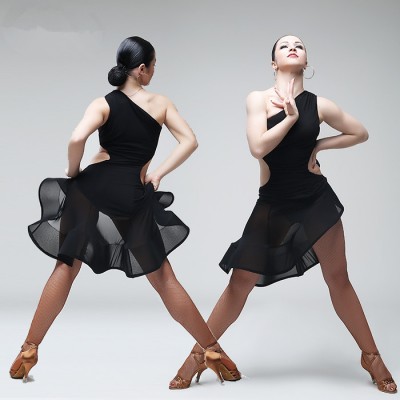 Fashion Women Sleeveless V-neck Black competition Latin dance Dress Rumba Skirt One Piece Stage Costume