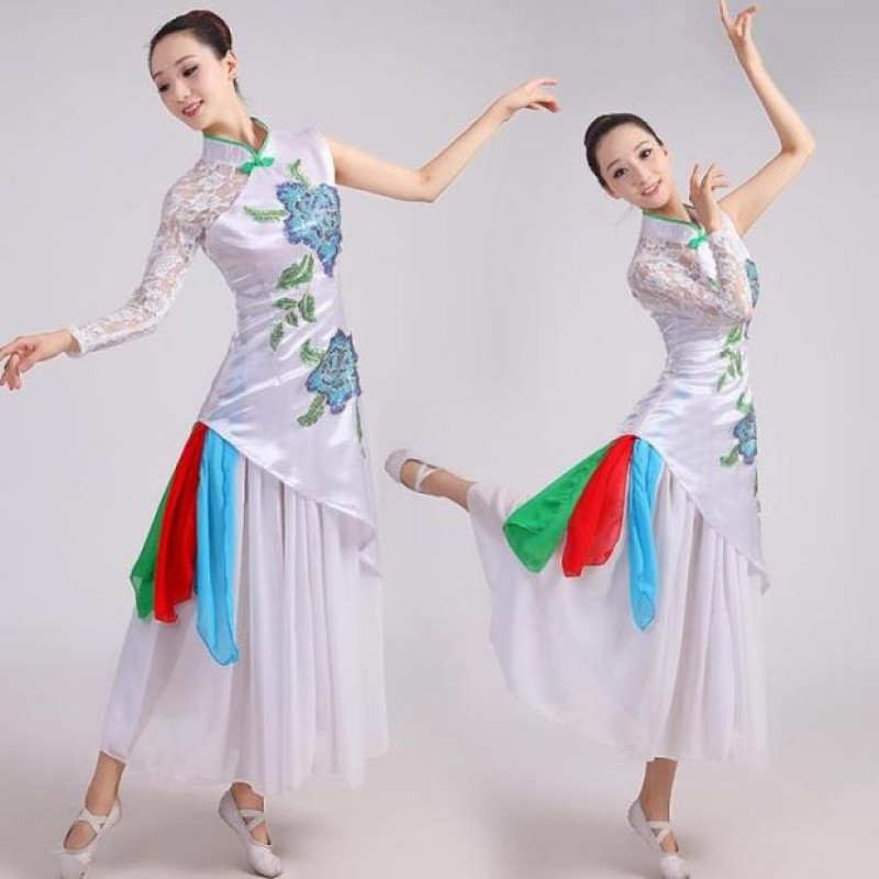 Female white lace traditional chinese folk dance costume yangko dance clothing chorus drum fan dance dress