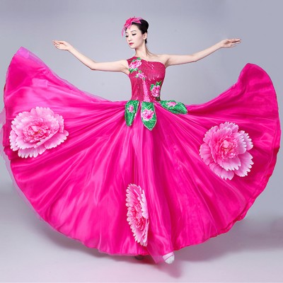 Flamenco bull dance dress for women Spanish folk dance female fuchsia petals opening chorus singers performance dresses outfits