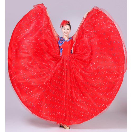 Flamenco dresses for women red gold fuchsia female opening chorus singers Spanish folk performance dresses