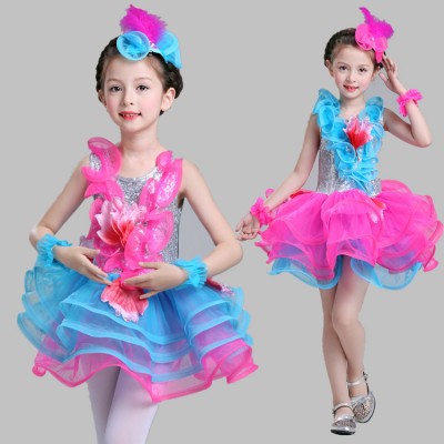 Fuchsia blue turquoise pink silver sequined girls children  modern dance  school stage performance competition chorus jazz singers dance dresses