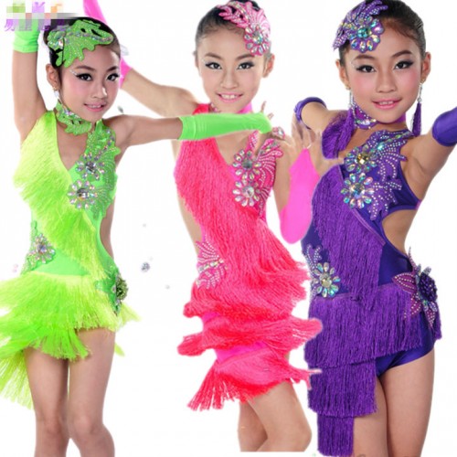Fuchsia green Latin Dance Dress Women Girls110-160cm Latin Fringe Dress Ballroom Dance Costume Dancing Clothing regata feminina
