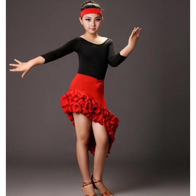 Fuchsia hot pink red turquoise blue black patchwork ruffles skirts girls kids children latin dance dresses set 