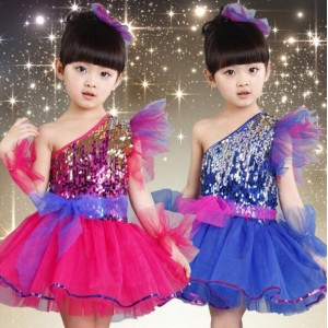 Fuchsia hot pink royal blue sequins girls kids performance jazz singers tutu ballet dresses dancewear