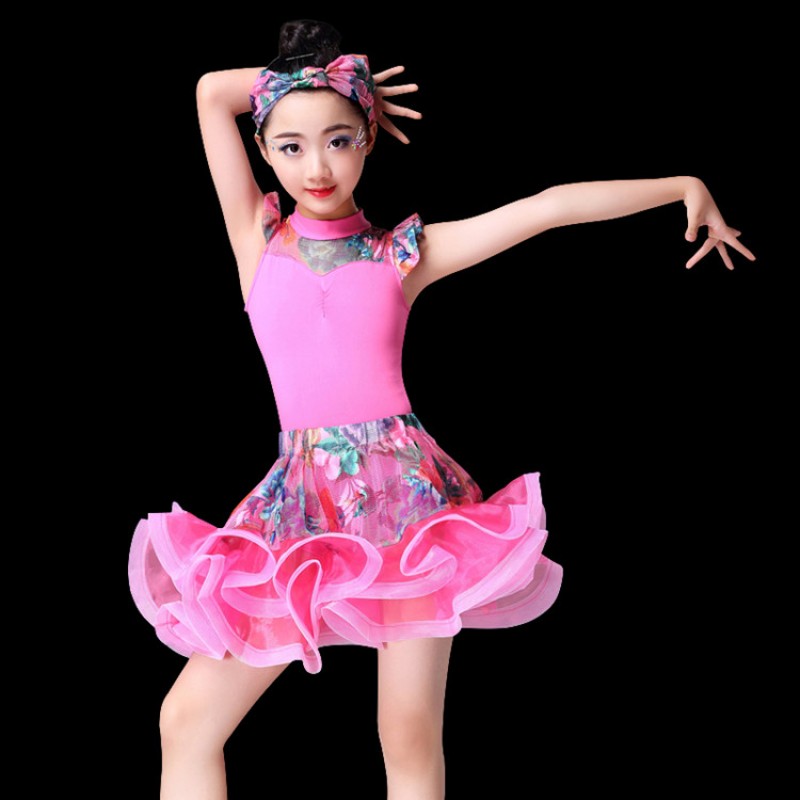Fuchsia yellow printed Child Latin Dance Dresses Girls Dancewear Modern ...