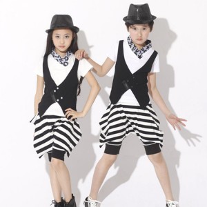 Girls boys kids children striped performance hip hop jazz singers cosplay school model show outfits costumes