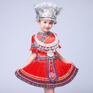 Girls Chinese Folk Dance Costume Children Hmong Chinese National Traditions Clothes  Miao Dance Costume Stage wear 