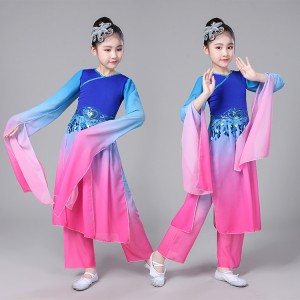 Girls chinese folk dance costumes pink royal blue fairy ancient traditional yangko classical photos anime cosplay hanfu costumes