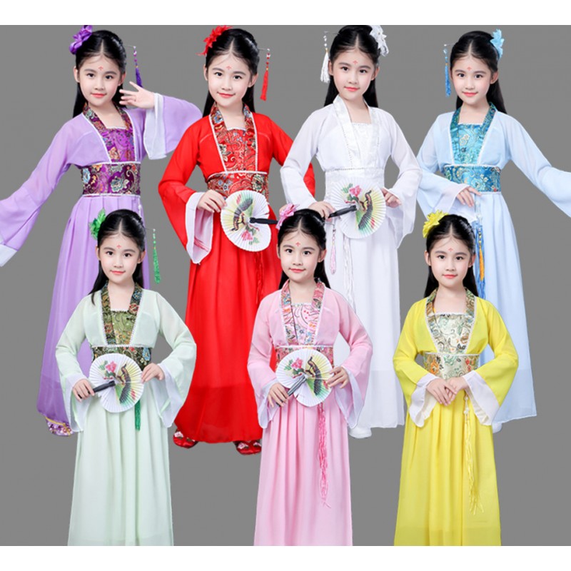 Girls Chinese folk dance dresses kids children pink yellow princess ancient fairy kimono dance cosplay performance robes dancing dresses