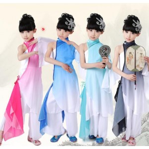 Girls Chinese perform drum Costumes Gradient Color Children Fan Yangko Classical Dance costumes Stage Performance Clothing