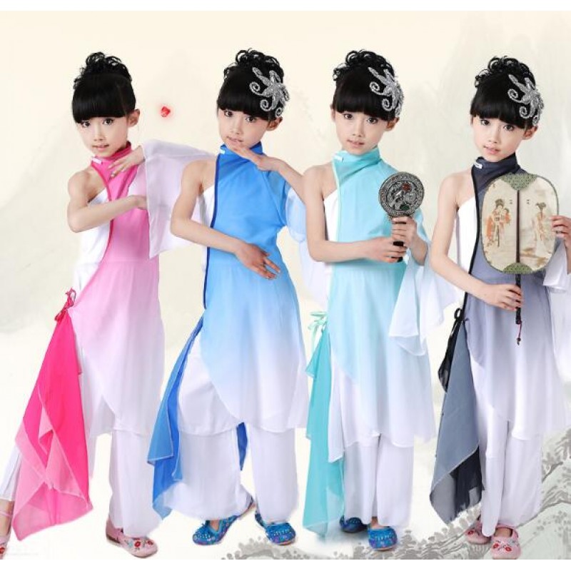 Girls Chinese perform drum Costumes Gradient Color Children Fan Yangko Classical Dance costumes Stage Performance Clothing