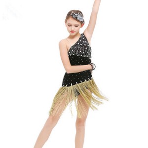 Girls competition latin dress for kids children diamond gold silver black performance ballroom salsa chacha dance dress