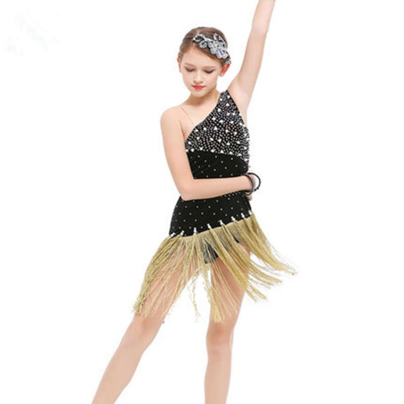 Girls competition latin dress for kids children diamond gold silver black performance ballroom salsa chacha dance dress
