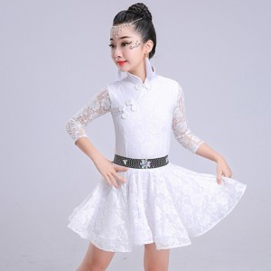 Girls competition latin dresses white pink stage performance school dancing ballroom salsa chacha dance costumes dress