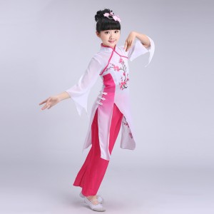 Girls Embroidery gradient pink green Chinese Folk Dance Costumes Children Fan Yangko Classical fairy Dance Stage Performance Clothing dresses