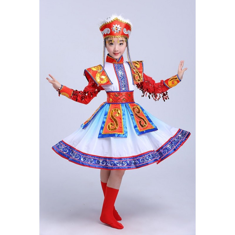 Girls Gold Mongolian Dance Costumes Female Performance cosplay Wear Paillette Skirt Robe Girls Nation Dancing Clothes with Hat