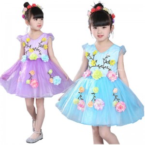 Girls jazz dance dress for children blue purple modern dance  flower girls princess modern dance ballet dress