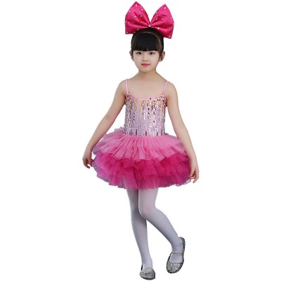 Girls jazz dance dress for kids pink sequined modern dance ballroom ballet performance costumes 