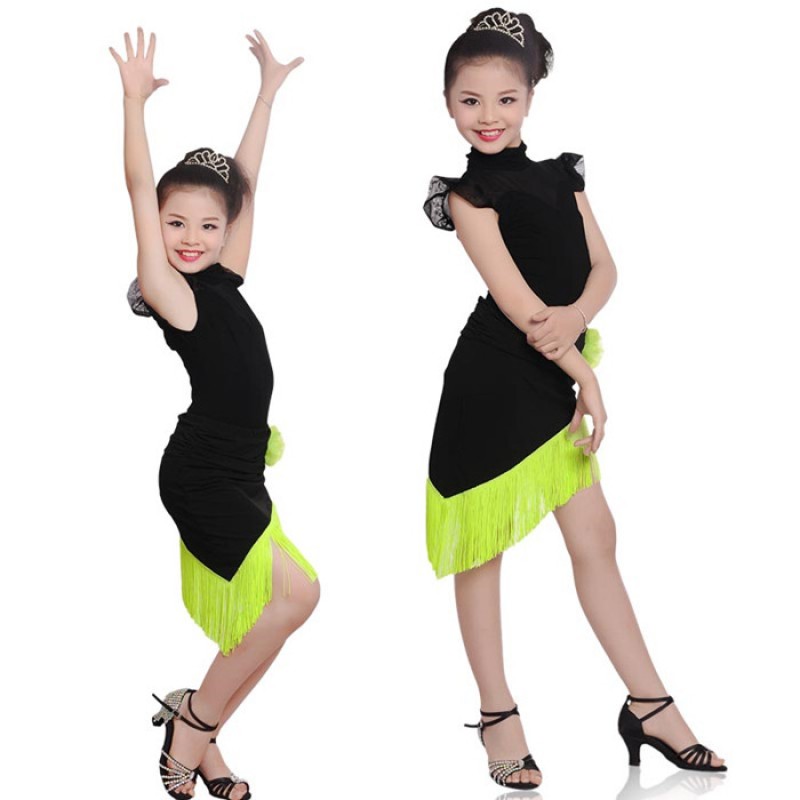 Girls Kids Children Modern Ballroom Latin Dance Dress Green Fringe Salsa Tango Dance Wear Black Performance Stage Wear