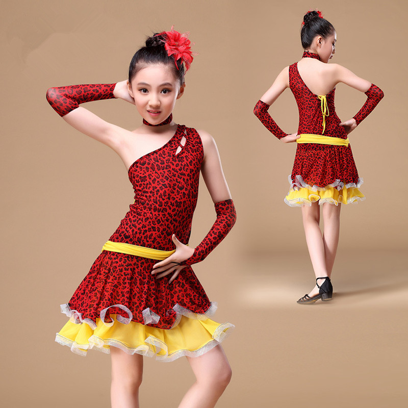 Girls Kids Children Modern red leopard Latin Dance Dress Salsa Tango Dance Wear Performance Stage Wear