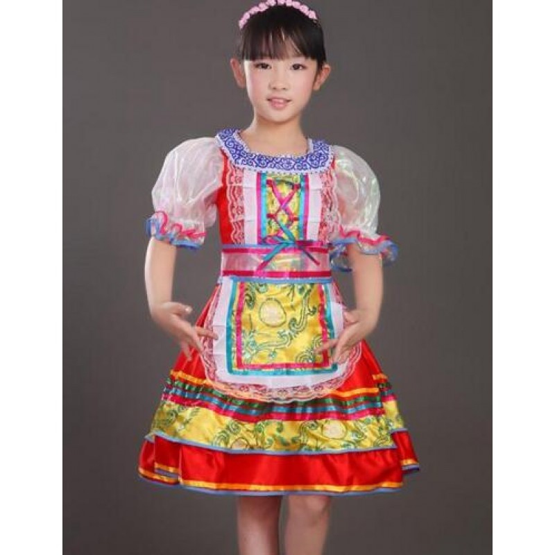 Girls kids red High quality Traditional Russian national costume Princess dance dress