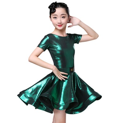 Girls latin dance dresses competition kids children shiny ballroom performance gold dark green  dancing dresses outfits