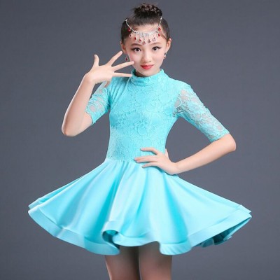 Girls latin dance dresses mint lace competition stage performance professional salsa rumba chacha dance dresses