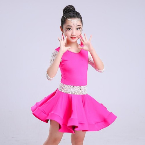 Girls latin dress competition stage school performance pink black lace ballroom rumba chacha dance dresses