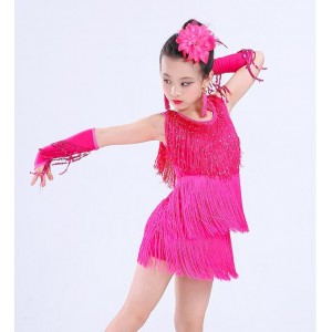 Girls latin dress for kids children neon green pink black fringes performance competition salsa chacha dance dresses
