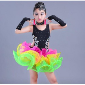 Girls latin dress for kids children rainbow colored diamond ballroom competition performance latin salsa dance dress