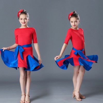 Girls latin dress for kids children red royal blue competition ballrooms salsa latin dancing dresses
