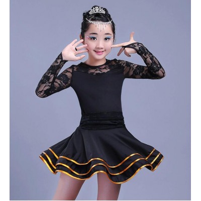 Girls latin dress for kids children stage performance red black lace long sleeves competition ballroom dresses outfits