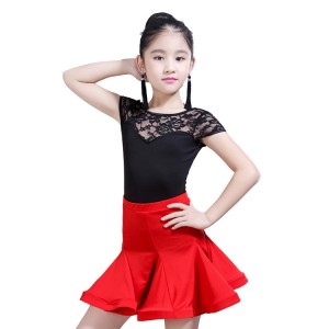 Girls latin dress lace red and black kids performance gymnastics stage performance ballroom salsa dance dresses 