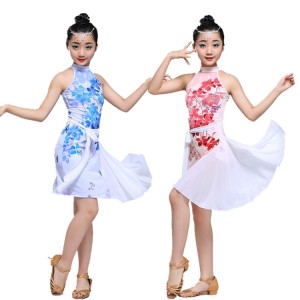 Girls latin dresses  for children floral blue pink stage performance salsa rumba dance dresses