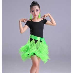Girls latin dresses for kids children neon green red tassels performance competition salsa rumba chacha dance dress
