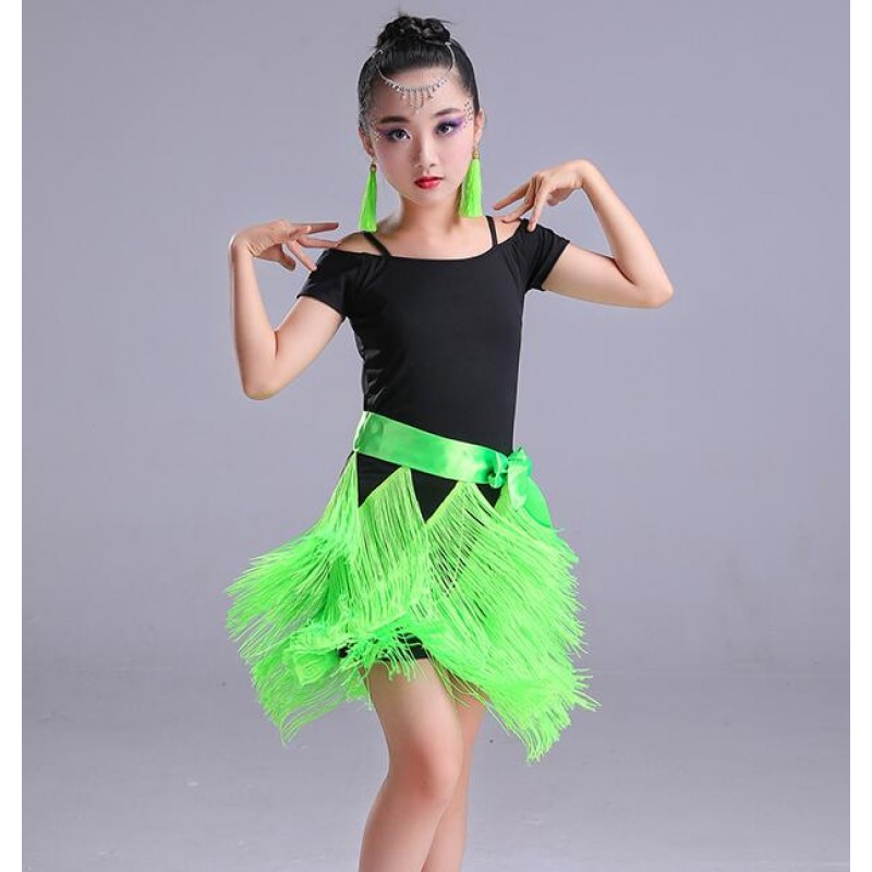 Girls latin dresses for kids children neon green red tassels performance competition salsa rumba chacha dance dress