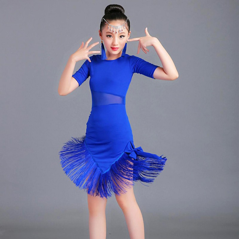 Girls latin performance dresses for kids children royal blue red ballroom salsa chacha rumba modern dance dresses