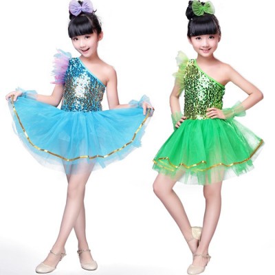Girls modern dance jazz dance costumes sequined cheerleaders singers dancers school competition princess flower girls dresses