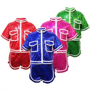 Girls modern street dance hiphop  outfits children kids red green pink blue paillette cheerleaders performance competition cosutmes