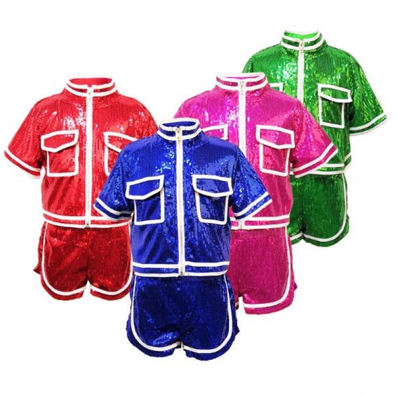 Girls modern street dance hiphop  outfits children kids red green pink blue paillette cheerleaders performance competition cosutmes