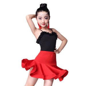 Girls performance latin dresses  for children kids chacha rumba salsa black red floral neon green school show competition dresses