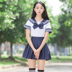 Girl's sailor collar blue and white striped short sleeves Japanese style high school chorus performance cosplay student school uniforms clothes