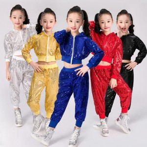 Girls sequined  Gold Silver royal blue red Jazz Hip Hop Dance Competition Costumes Kid Clothing Clothes Hoodie Top Pants Dancing Wear outfits